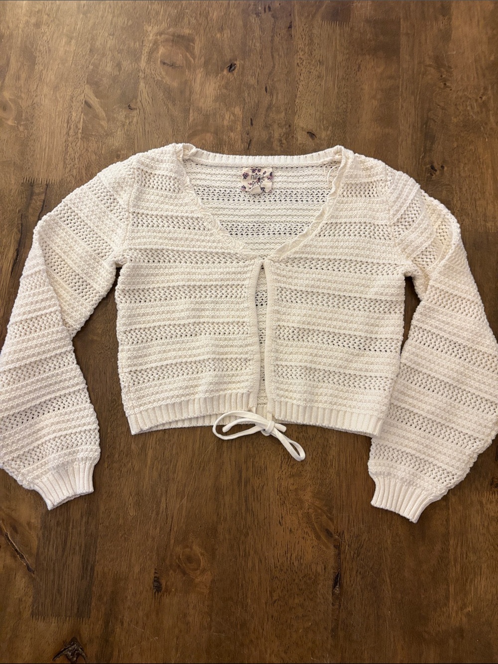 Hippie Rose Cropped Women's Cream Open-Knit Tie-Front Sweater